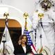 U.S. Vice President Kamala Harris addresses members of the space industry and the National Space Council during a visit to the NASA Johnson Space Center in Houston, Friday, Sept. 9, 2022.